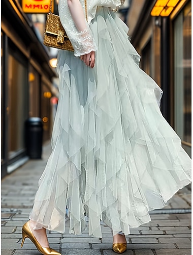  Damen Urlaubsrock Elegant Mode Niedlich Lässig Midi Mittlere Hüfthöhe Röcke Einfach Unregelmäßiger Saum Netz Dehnbar Straße Ausgehen Aprikose Schwarz Hellgrün Rosa Sommer Polyester