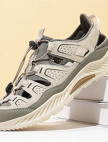  Sneakers da uomo beige con cinturino regolabile per attività all'aperto: scarpe leggere e traspiranti in similpelle, ideali per viaggi, escursioni e avventure.