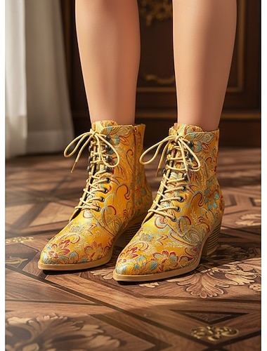  Bottines de carnaval pour femmes, à lacets, ornées de broderies florales colorées – bottines jaune vif à talons épais, idéales pour les festivités et les fêtes de carnaval.