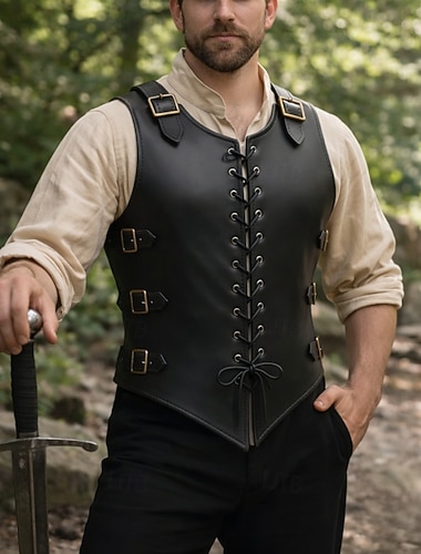  Rétro Vintage Médiéval Renaissance Veste Sans manches Chevalier Ranger À lacets Boucle Déguisement Homme Halloween Carnaval Foire de la Renaissance Soirée à thème rétro Adulte Gilet Toutes saisons