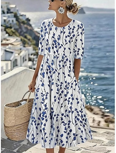  Damen Midikleid Shiftkleid Urlaub Lässig Boho Täglich Sommerkleid Frühlingskleid Normale Passform Blumen Grafik Dreiviertelarm Rundhalsausschnitt Blau Weiß Hellgrün Rote Sommer Frühling