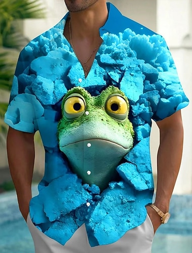  Herre Dyr Frosk Øgle Hawaii skjorte Skjorte med knapper Aloha skjorte Kortermet Hawaiisk Strandferie Sommer Vår Aftæpning 3D-utskrift krage skjorter Front One Lomme Blå Rosa
