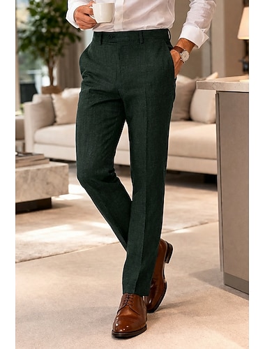  Pour des hommes Coton Lin Dress Pants works Pantalon décontracté Affaires Mariage ancien Classique & Intemporel Formel Rouge Bordeaux Vert foncé Printemps & Été Pantalon Couleur Unie Coupe Slim Long
