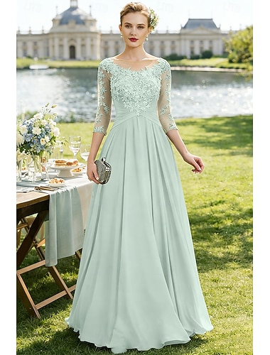  Krój A Sięgająca podłoża Sukienka dla gościa weselnego Suknia Suknia wieczorowa Sukienka dla matki panny młodej Rękaw 3/4 Zaokrąglony Elegancja Wesele Szyfon Koronka z Plisy Haft nakładany