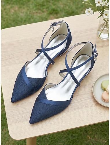  Dame marineblå flate sko med spiss tå og kryssremmer, elegante sko til brudens mor til hagebryllup, komfortable flate sko til utendørs bruk