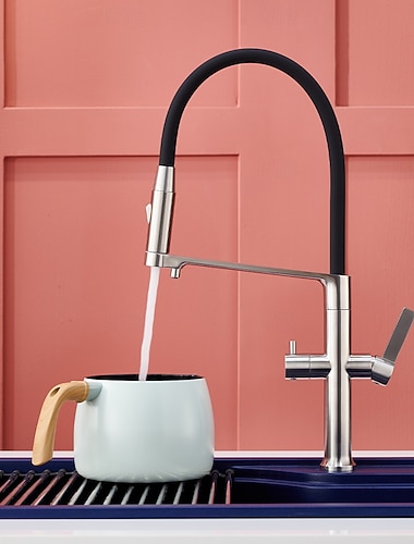  Robinet de cuisine 3 en 1 en nickel brossé avec bec verseur pour eau potable, robinet de cuisine à 2 poignées et 3 jets extractibles avec douchette et fixation magnétique pour système de filtration d'eau ou robinet de remplissage de casseroles