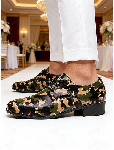  Herenschoenen van imitatieleer met camouflageprint, casual veterschoenen voor streetstyle, muziekfestivals, dagelijks gebruik en bruiloften.