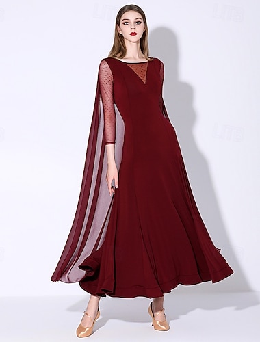  Ballroom-dans Kjole Plissert Ren Farge Tvinning Dame Fest Trening Ytelse Langermet Spandex Nylon