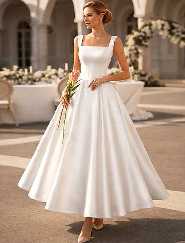  Ligne A Longueur cheville Robes de mariée Robes pour enterrement de vie de jeune fille robe de mariée ancien Années 1940 / 1950 Petites Robes Blanches Bretelles Classiques Col carré Remise des