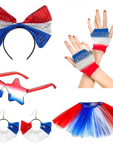  مجموعة الذكرى السنوية الـ 250 للولايات المتحدة الأمريكية الثمانينات خوذة تنورة منتفخة شديدة القصر تحت تنورة مع الملحقات ملابس تنكرية نسائي عيد الرعب مهرجان حفلة تنكرية يوم الاستقلال الرابع من يوليو