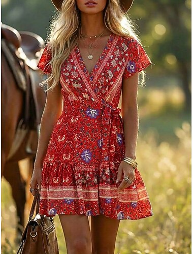  Damen Minikleid Boho-Kleid Freizeitkleid Blumenkleid Elegant Mode Modern Outdoor Urlaub Ausgehen Normale Passform Blume Kurzarm V Ausschnitt Rosa Rote Burgunderrot Königsblau Sommer Frühling