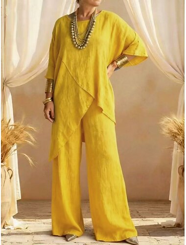  Dame Todelt sett Buksesett Imitert bomullslin Langermet Rund hals عادي Mote Gatemote Avslappet Daglig utendørs Svart Hvit Gul Sommer Løstsittende