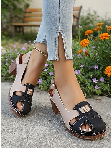  صندل نسائي أصفر بلونين بكعب منخفض - حذاء صيفي مريح بحزام قابل للتعديل، بتصميم كلاسيكي أنيق مناسب للحدائق والحفلات غير الرسمية والسفر &ملابس يومية