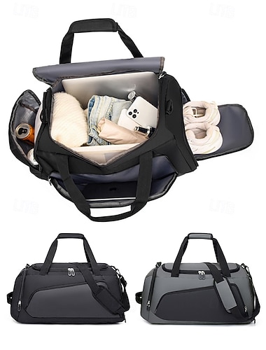  Herre nylon-duffelbag med stor kapasitet, svart og grå reiseveske til treningssenteret, justerbar skulderstropp, sportsveske med flere bæremuligheter for overnatting, forretningsreiser, trening og reisebruk
