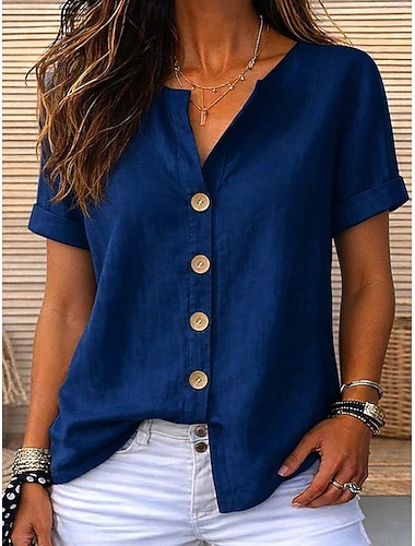  Dames Overhemd Katoenmengeling Linnen overhemd Boho-shirt Effen Kleur Effen Vintage Stijlvol Korte mouw V-hals Lange tops Dagelijks Buiten Streetwear blauw Zomer Lente