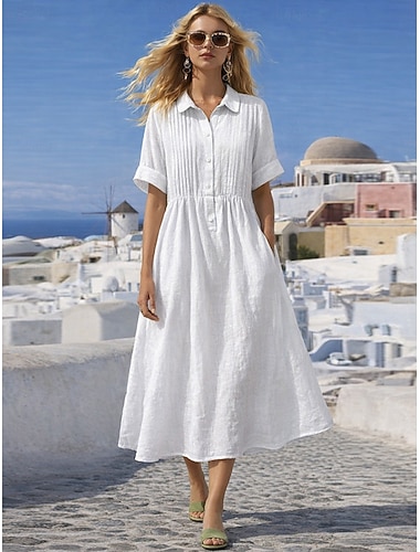  Dame Midikjole Imitert bomullslin Skjortekjole Kaftan-kjole Mote Moderne Daglig utendørs Feriereise Normal عادي Kortermet Skjortekrage Blå Hvit Rosa Rød Sommer Vår