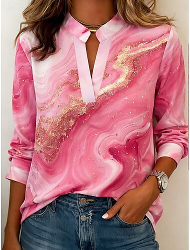  בגדי ריקוד נשים חולצה גיאומטרי אלגנטית בוהמיה חופשה שרוול ארוך צווארון V חולצות רגילות יומי חוף חגים פול ורוד מסמיק כתום קיץ אביב