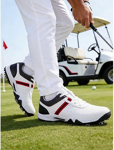  Witte heren golfschoenen met rode strepen, lichtgewicht ademend mesh, antislipzool, comfortabele golfschoenen voor buitensporten.