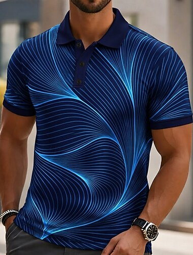  Herre Abstrakt Linje Poloskjorter Kortermet Poloskjorter Skjorter med krage Fritid treningsklær Knapper Vår sommer Blå Svart Lilla