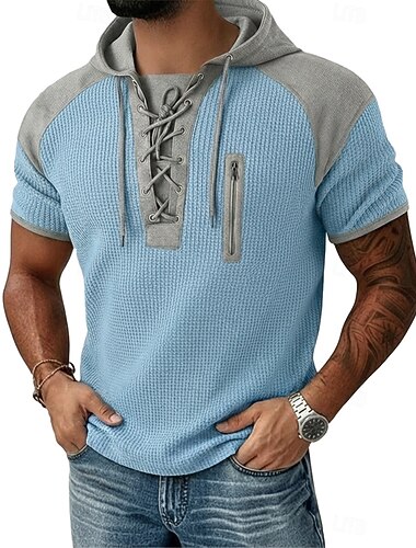  Per uomo Maglia Henley a nido d'ape Maglietta Manica Corta Con Cappuccio Collo con lacci Estate Primavera Tutte le stagioni Patchwork Moda Designer Casual Blocco di colore Casuale Quotidiano
