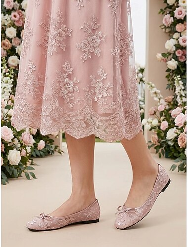  Dames ballerina's van roze kant, elegante geborduurde instapschoenen voor de moeder van de bruid, tuinbruiloft &formele dag evenementen