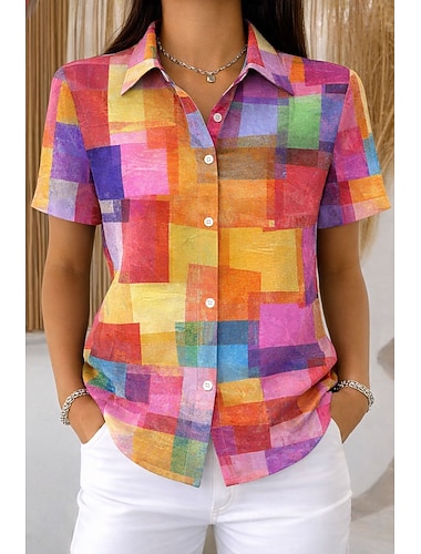  Dámské Košile Grafika Geometrický Pléd Vinobraní Tropický vzhled stylové Krátký rukáv Košilový límec Běžné topy Denní Žlutá Světlá růžová Oranžová Léto Jaro