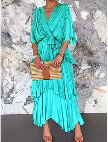  Dam Midiklänning Vardagsklänning Chiffong Chiffongklänningar Elegant Mode Modern Utomhus Semester Utekväll Normal Slät Halvlång ärm V-hals aquablått Svart Marinblå Mörkblå Sommar Vår