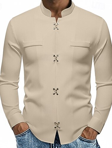  Herren Hemd Freizeithemd Stehkragenhemd Knopfhemd Weiß Kaki Langarm Einfach Mandarinkragen Urlaub Party Bekleidung Elasthan Polyester Mode Lässig