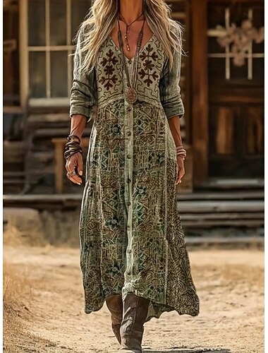  Per donna Abito lungo maxi Abito Boho Abito Vintage Vestito Casual Vintage Quotidiano All'aperto Vacanza Vestibilità comoda Floreale Manica Lunga Scollo a V Verde Primavera Autunno