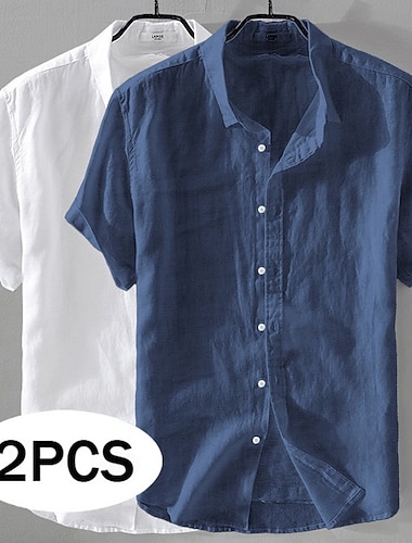  Herren Hemd Leinenhemd Sommerhemd Strandbekleidung Freizeithemd Knopfhemd Einfach Lässig Strand Grün + grau Weiss + Rosa Schwarz+Marineblau Weiß + Marineblau Kurzarm Umlegekragen Sommer Bekleidung