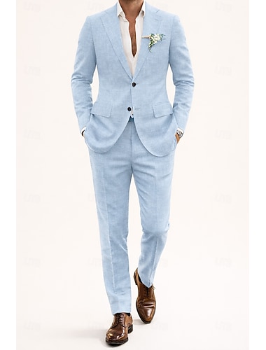  Uomo Smoking Completi in Lino Matrimonio in Spiaggia Azzurro cielo Beige Estate Tuta Dentellato Bavero classico Tinta unita Vestibilità su misura 2 pezzi Monopetto Due Bottoni