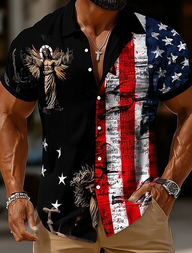 Herren 250. Jahrestag des Unabhängigkeitstages der USA am 4. Juli Jesus US Flagge Hemd Knopfhemd Kurzarm Patriotisch Outdoor Ferien Sommer Frühling Umlegekragen 3D-Druck Hemden mit Kragen Schwarz 1