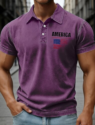  4 juli 2026 250e Voor heren Amerikaanse Amerikaanse vlag Acid Wash-shirt 100% Katoen Korte mouw Poloshirt Overhemden met kraag Casual Buiten Feestdagen Festivaloutfit 3D-afdrukken Knop Lente zomer
