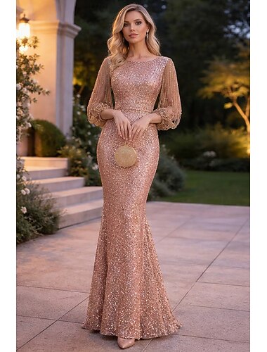  Skjortekjole Kveldskjole Elegant Glitre  Skinne Petite Juvelhals Lang til Gulvet Sequin 3/4 Lengde Erme med Ensfarget Kjole å imponere