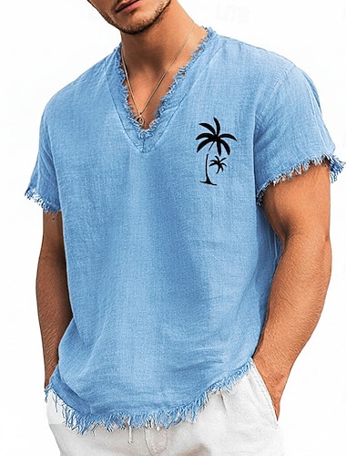 Herren-T-Shirt mit Palmenprint aus Leinen-Baumwoll-Mischgewebe, V-Ausschnitt, offene Kanten, kurze Ärmel, ausgefranst, weich, lässig, Designer-Top, Größen S-3XL