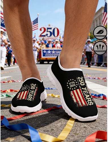  Schwarze, patriotische Herren-Sneaker zum Hineinschlüpfen – leichte, atmungsaktive Schuhe mit amerikanischem Flaggenprint und 250-jährigem Grafikdesign für Freizeit, Feiertage, Reisen und