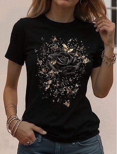  Dames T-shirt Afdrukken Bloemig Grafisch Planten Stijlvol Klassiek Casual Korte mouw Strakke ronde hals Ronde hals Normale tops Dagelijks Zwart Rood Groen Zomer Lente