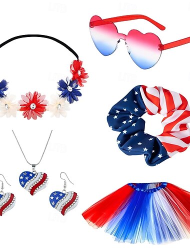  Set 250° anniversario USA Anni '80 Copricapo Tutu Sottogonna con accessori Costume Per donna Halloween Carnevale Mascherata Giorno dell'Indipendenza 4 luglio Adulti Gonna Copricapo Altri Accessori