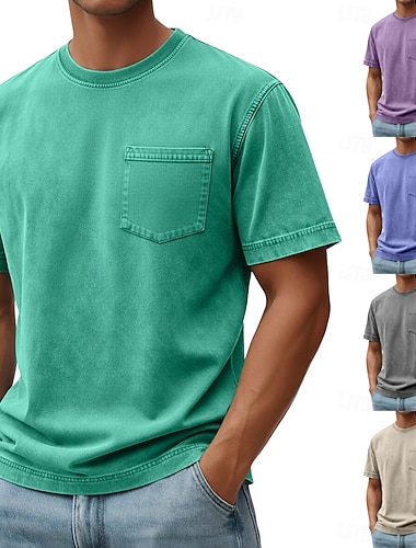  Herren T Shirt Hemd aus 100 % Baumwolle in Säurewaschung T-Shirt Kurzarm Rundhalsausschnitt Sommer Frühling Herbst Einfach Retro Vintage Lässig Vintage-Stil Stückgefärbt Betrübt Lässig Hellblau