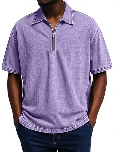  Voor heren Poloshirts Acid Wash-shirt Casual Dagelijks Revers Korte mouw Vintage Modieus Effen Kleur Kwart ritssluiting Zomer Lente blauw Zwart Rood Marineblauw Paars Bruin Poloshirts