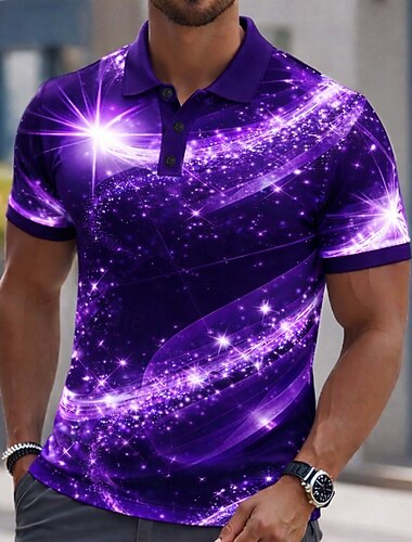  Męskie Wszechświat Koszulki polo Krótki rękaw Koszulki polo Koszule z kołnierzykiem Codzienny Athleisure Guziki Wiosna i lato Niebieski Fioletowy Zielony