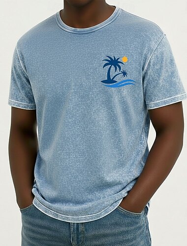  Herr Hawaii Kokosnötspalm T-shirt Mineraltvätt-T-shirt Kortärmad T-shirt Syratvätt Rund hals Skjorta Semester Vintage retro Ledigt Strand Resor Blå Purpur Grå Sommar Vår Kläder M L XL 2XL 3XL