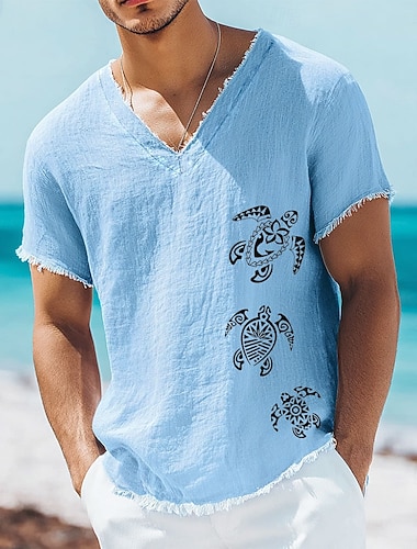  Herren-T-Shirt mit dreifachem Tribal-Meeresschildkröten-Print aus Leinen-Baumwoll-Mischgewebe, V-Ausschnitt, offene Kanten, polynesischer Honu-Stil, Sommer-Strandurlaubs-T-Shirt, ausgefranstes,