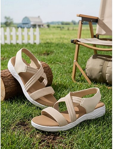  Γυναικεία μπεζ σανδάλια άνεσης με ελαστικό λουράκι – ελαφριά σανδάλια για περπάτημα με ανοιχτά δάχτυλα, casual καλοκαιρινά παπούτσια για ταξίδια, παραλία, διακοπές και καθημερινή χρήση