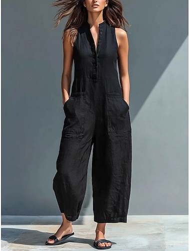  Dámský overal z umělé bavlny, lnu, normální velikost, aktivní, jednobarevný, bez rukávů, široké nohavice, výstřih do V, kapsy, knoflíky, denní, prázdninový, regular fit, modrá, černá, bílá, léto