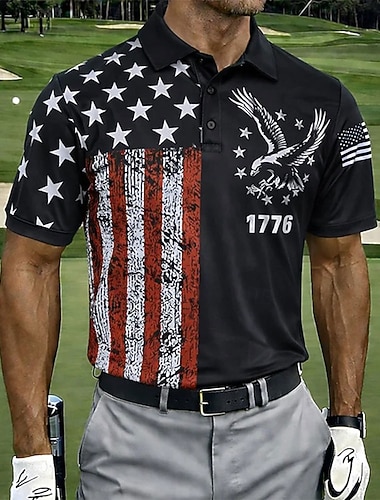  4 يوليو 2026، الذكرى 250 رجالي علم الولايات المتحدة الأمريكية غولف قمصان بولو رياضية كم قصير قمصان البولو قميص بياقة كاجوال ملابس الرياضة Buttons للربيع والصيف أزرق أبيض خضار العسكري