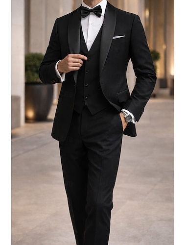  Menn Fest Bryllup Smokings Fest Mørkegrå Svart Ensfarget Standard passform 3 deler sett Enkelt Brystet Enn-knapp