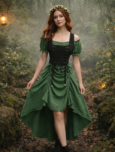  Medeltida kostymer Renässans Fe Klänningar Korta ärmar Prinsessa Fe Spetsknuten Fyrkantig hals Maskeradkläder Dam fantasi Halloween Karnival Maskerad Renässansmässan Retro-temafest Vuxna Klänning