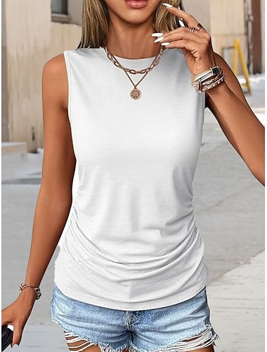  Damen Tank Top Gerafft Einfach Mode Stilvoll Klassisch Ärmellos Rundhalsausschnitt Normale Oberteile Täglich Ausgehen Wochenende Blau Weiß Marineblau Himmelblau Grün Sommer Frühling