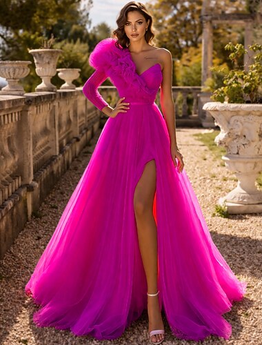  Baljurk Strijksleep Galajurken Avondjurken Baljurk  Formele kleding Elegant Gezwollen Lange mouw Eén-schouder Schoolfeest Verjaardag Tule met Geplooid Split